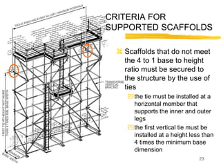 23
CRITERIA FOR
SUPPORTED SCAFFOLDS
 Scaffolds that do not meet
the 4 to 1 base to height
ratio must be secured to
the structure by the use of
ties
the tie must be installed at a
horizontal member that
supports the inner and outer
legs
the first vertical tie must be
installed at a height less than
4 times the minimum base
dimension
 
