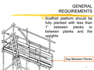 3
Gap Between Planks
GENERAL
REQUIREMENTS
Scaffold platform should be
fully planked with less than
1” between planks or
between planks and the
uprights
 