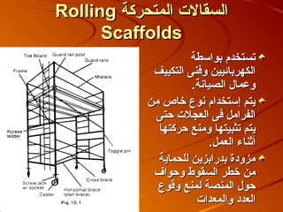 ‫السقالت المتحركة ‪Rolling‬‬
      ‫‪Scaffolds‬‬
                       ‫تستخدم بواسطة‬
              ‫الكهربائيين وفنى التكييف‬
                       ‫وعمال الصيانة.‬
             ‫يتم إستخدام نوع خاص من‬
              ‫الفرامل فى العجلت صحتى‬
               ‫يتم تثبيتها ومنع صحركتها‬
                            ‫أثناء العمل.‬
               ‫مزودة بدرابزين للحماية‬
              ‫من خطر السقوط وصحوا ف‬
               ‫صحول المنصة لمنع وقوع‬
                        ‫العدد والمعدات‬
 