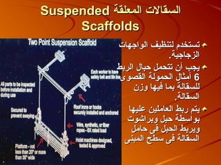 ‫السقالت المعلقة ‪Suspended‬‬
     ‫‪Scaffolds‬‬
              ‫تستخدم لتنظيف الواجهات‬
                              ‫الزجاجية.‬
              ‫يجب أن تتحمل صحبال الربط‬
               ‫6 أمثال الحمولة القصوى‬
                   ‫للسقالة بما فيها وزن‬
                                ‫السقالة.‬
                 ‫يتم ربط العاملين عليها‬
                 ‫بواسطة صحبل وبراكشوت‬
                  ‫ويربط الحبل فى صحامل‬
                ‫السقالة فى سطح المبنى‬
 