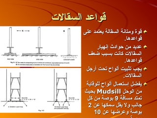 ‫قواعد السقالت‬
        ‫قوة ومتانة السقالة يعتمد على‬
                             ‫قواعدها.‬
              ‫عديد من صحوادث إنهيار‬
          ‫السقالت كانت بسبب ضعف‬
                             ‫قواعدها.‬
         ‫يجب تثبيت ألواح تحت أرجل‬
                            ‫السقالت.‬
         ‫يفضل إستعمال ألواح للوقاية‬
        ‫من الوصحل ‪ Mudsill‬بحيث‬
         ‫تمتد مسافة 9 بوصة من كل‬
          ‫جانب ول يقل سمكها عن 2‬
             ‫بوصة وعرضها عن 01‬
 