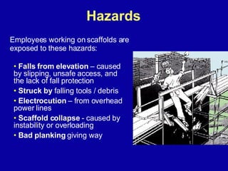 Hazards <ul><li>Falls from elevation  – caused by slipping, unsafe access, and the lack of fall protection </li></ul><ul><...