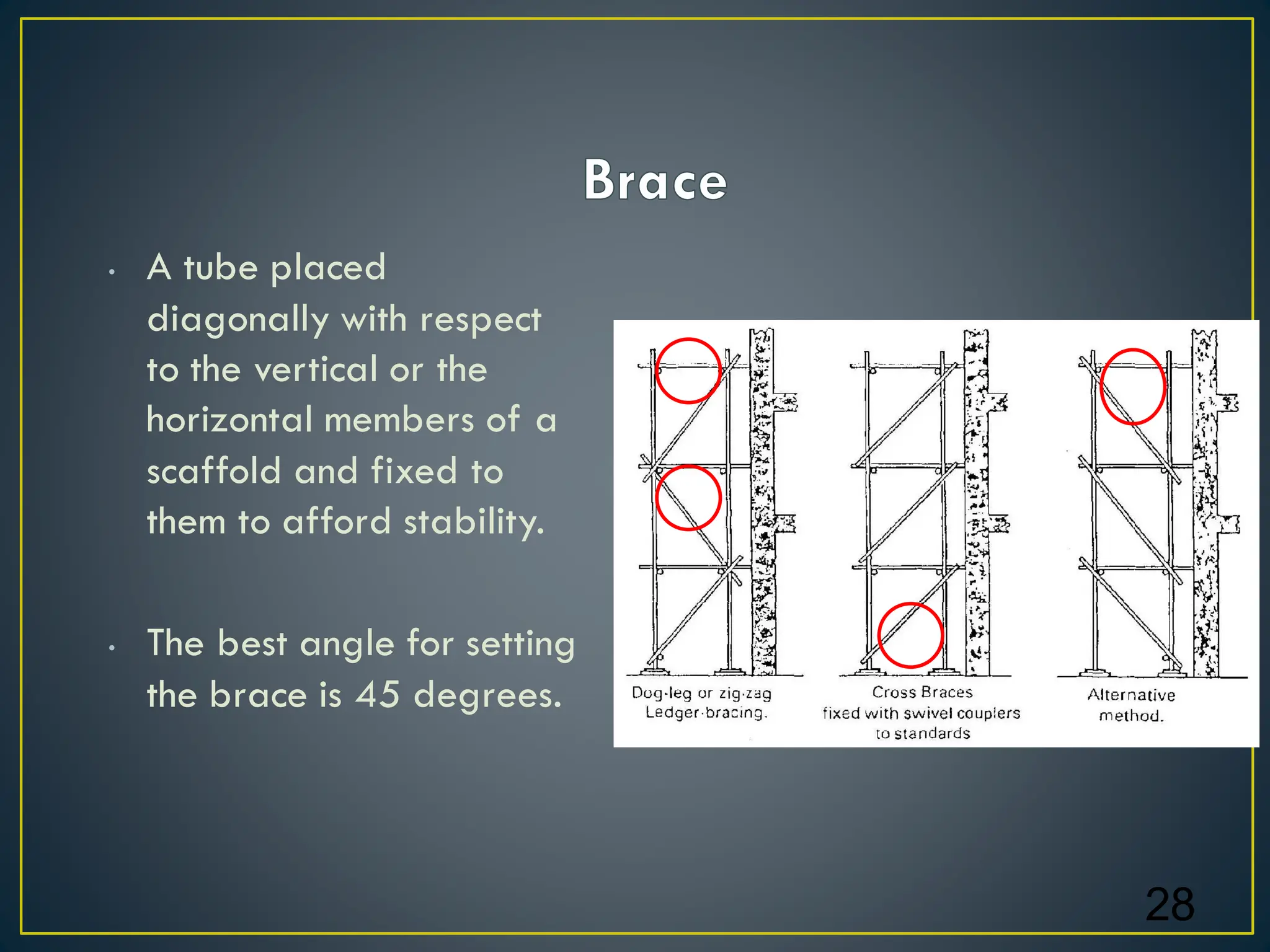 • A tube placed
diagonally with respect
to the vertical or the
horizontal members of a
scaffold and fixed to
them to afford stability.
• The best angle for setting
the brace is 45 degrees.
28
 