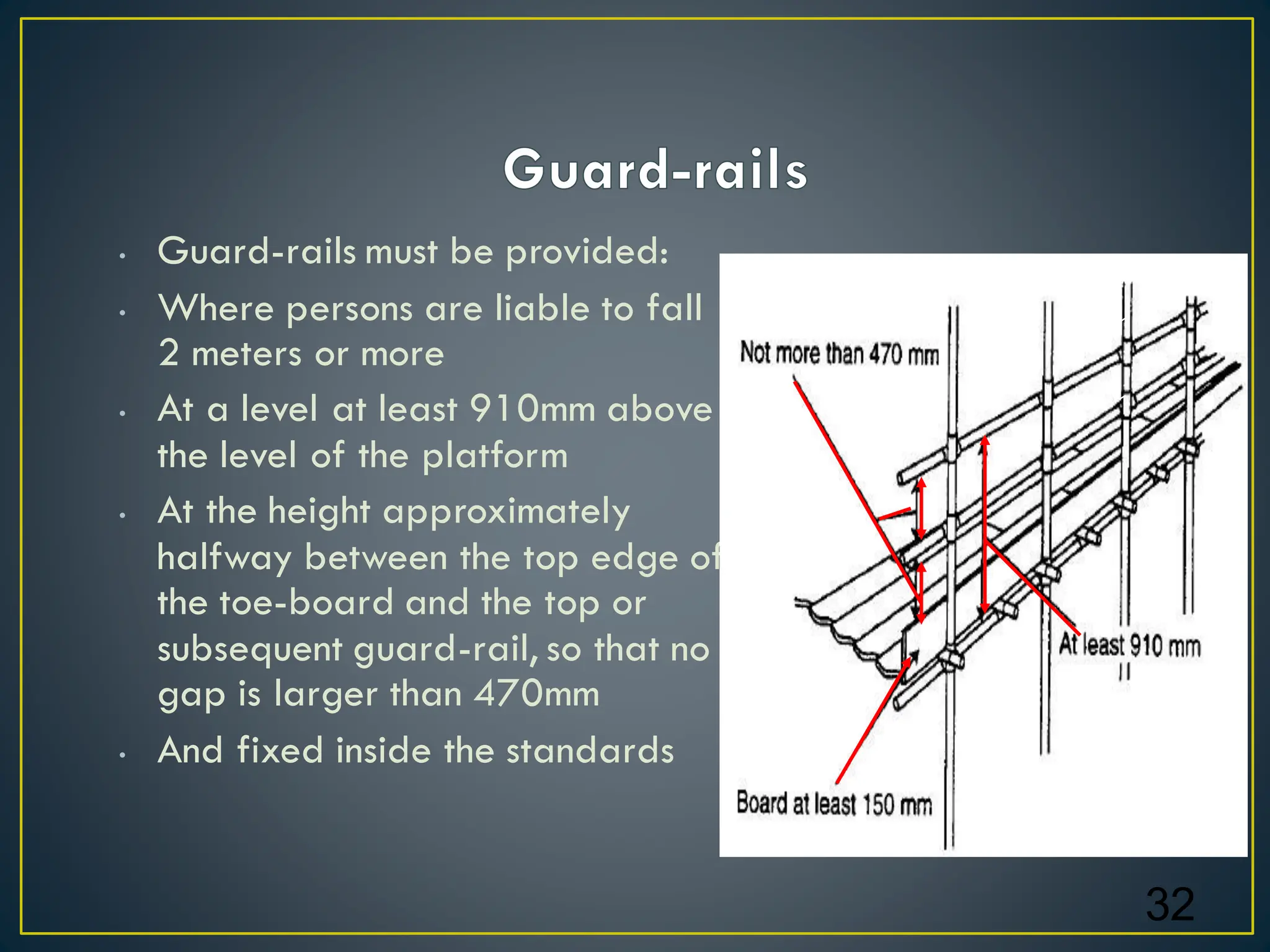 • Guard-rails must be provided:
• Where persons are liable to fall
2 meters or more
• At a level at least 910mm above
the level of the platform
• At the height approximately
halfway between the top edge of
the toe-board and the top or
subsequent guard-rail, so that no
gap is larger than 470mm
• And fixed inside the standards
32
 