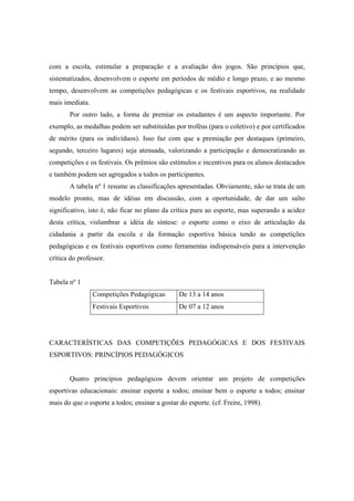 com a escola, estimular a preparação e a avaliação dos jogos. São princípios que,
sistematizados, desenvolvem o esporte em períodos de médio e longo prazo, e ao mesmo
tempo, desenvolvem as competições pedagógicas e os festivais esportivos, na realidade
mais imediata.
Por outro lado, a forma de premiar os estudantes é um aspecto importante. Por
exemplo, as medalhas podem ser substituídas por troféus (para o coletivo) e por certificados
de mérito (para os indivíduos). Isso faz com que a premiação por destaques (primeiro,
segundo, terceiro lugares) seja atenuada, valorizando a participação e democratizando as
competições e os festivais. Os prêmios são estímulos e incentivos para os alunos destacados
e também podem ser agregados a todos os participantes.
A tabela nº 1 resume as classificações apresentadas. Obviamente, não se trata de um
modelo pronto, mas de idéias em discussão, com a oportunidade, de dar um salto
significativo, isto é, não ficar no plano da crítica pura ao esporte, mas superando a acidez
desta crítica, vislumbrar a idéia de síntese: o esporte como o eixo de articulação da
cidadania a partir da escola e da formação esportiva básica tendo as competições
pedagógicas e os festivais esportivos como ferramentas indispensáveis para a intervenção
crítica do professor.
Tabela nº 1
Competições Pedagógicas De 13 a 14 anos
Festivais Esportivos De 07 a 12 anos
CARACTERÍSTICAS DAS COMPETIÇÕES PEDAGÓGICAS E DOS FESTIVAIS
ESPORTIVOS: PRINCÍPIOS PEDAGÓGICOS
Quatro princípios pedagógicos devem orientar um projeto de competições
esportivas educacionais: ensinar esporte a todos; ensinar bem o esporte a todos; ensinar
mais do que o esporte a todos; ensinar a gostar do esporte. (cf. Freire, 1998).
 