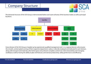 Company Structure

 The divisional structure of the SCA Group is demonstrated below and covers all areas of the business trades as well as principal
 locations:




 Every division of the SCA Group is headed up by experienced, qualified management and / or a regional director who ensures
 the smooth, uninterrupted running of their respective department. Labour is directly employed and dedicated to each division,
 along with transport and materials, all of which gives every division complete control over client stewardship and managing
 workload, as well as having the ability to plan and forecast, and oversee productivity, safety performance and efficiency.



T:01202 820820               F:01202 820950                 E:sales@sca-group.com                 W:www.sca-group.com
 
