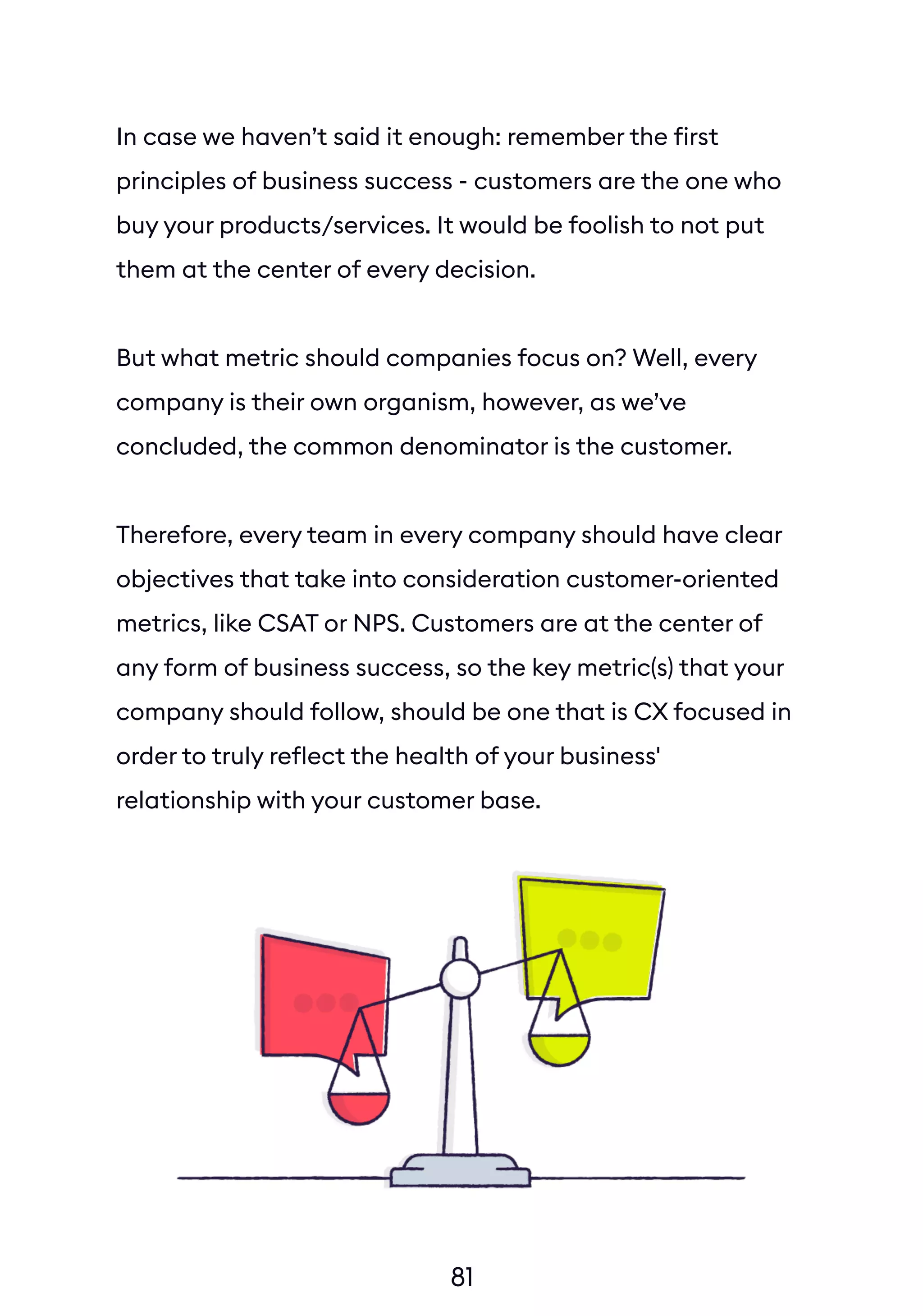 In case we haven’t said it enough: remember the first
principles of business success - customers are the one who
buy your products/services. It would be foolish to not put
them at the center of every decision.
But what metric should companies focus on? Well, every
company is their own organism, however, as we’ve
concluded, the common denominator is the customer.
Therefore, every team in every company should have clear
objectives that take into consideration customer-oriented
metrics, like CSAT or NPS. Customers are at the center of
any form of business success, so the key metric(s) that your
company should follow, should be one that is CX focused in
order to truly reflect the health of your business'
relationship with your customer base.
In case we haven’t said it enough: remember the first
principles of business success - customers are the one who
buy your products/services. It would be foolish to not put
them at the center of every decision.
81
 
