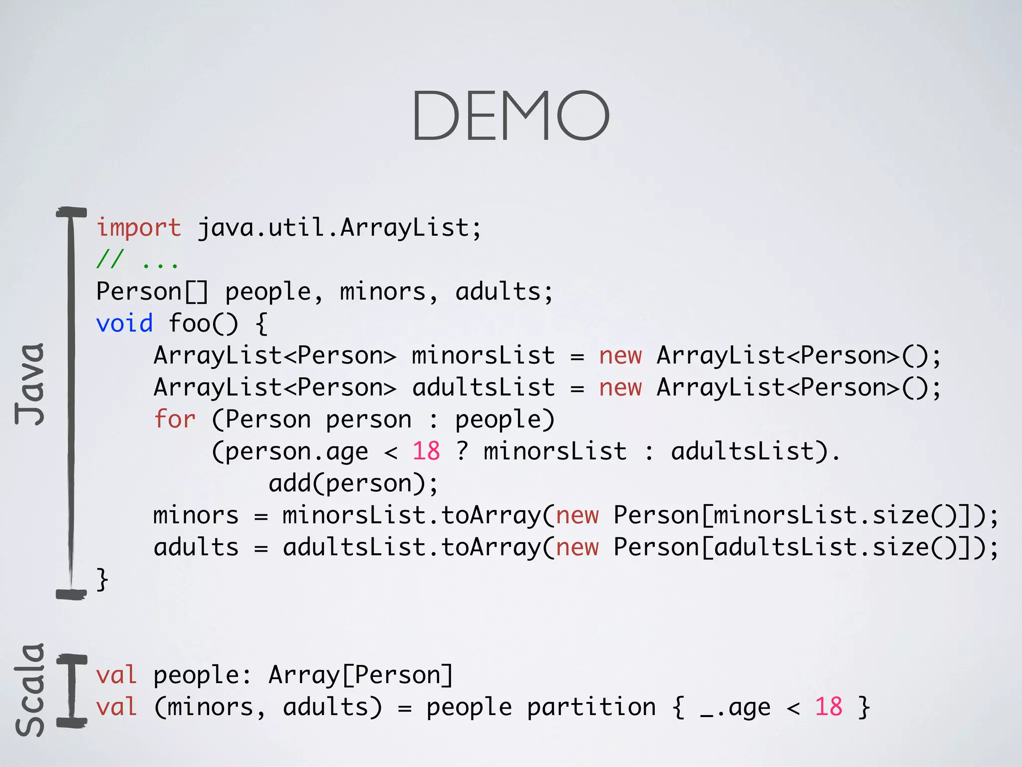 DEMO
        import java.util.ArrayList;
        // ...
        Person[] people, minors, adults;
        void foo() {
            ArrayList<Person> minorsList = new ArrayList<Person>();
Java




            ArrayList<Person> adultsList = new ArrayList<Person>();
            for (Person person : people)
                (person.age < 18 ? minorsList : adultsList).
                     add(person);
            minors = minorsList.toArray(new Person[minorsList.size()]);
            adults = adultsList.toArray(new Person[adultsList.size()]);
        }
Scala




        val people: Array[Person]
        val (minors, adults) = people partition { _.age < 18 }
 