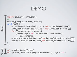 DEMO
        import java.util.ArrayList;
        // ...
        Person[] people, minors, adults;
        void foo() {
            ArrayList<Person> minorsList = new ArrayList<Person>();
Java




            ArrayList<Person> adultsList = new ArrayList<Person>();
            for (Person person : people)
                (person.age < 18 ? minorsList : adultsList).
                     add(person);
            minors = minorsList.toArray(new Person[minorsList.size()]);
            adults = adultsList.toArray(new Person[adultsList.size()]);
        }
Scala




        val people: Array[Person]
        val (minors, adults) = people partition { _.age < 18 }
 