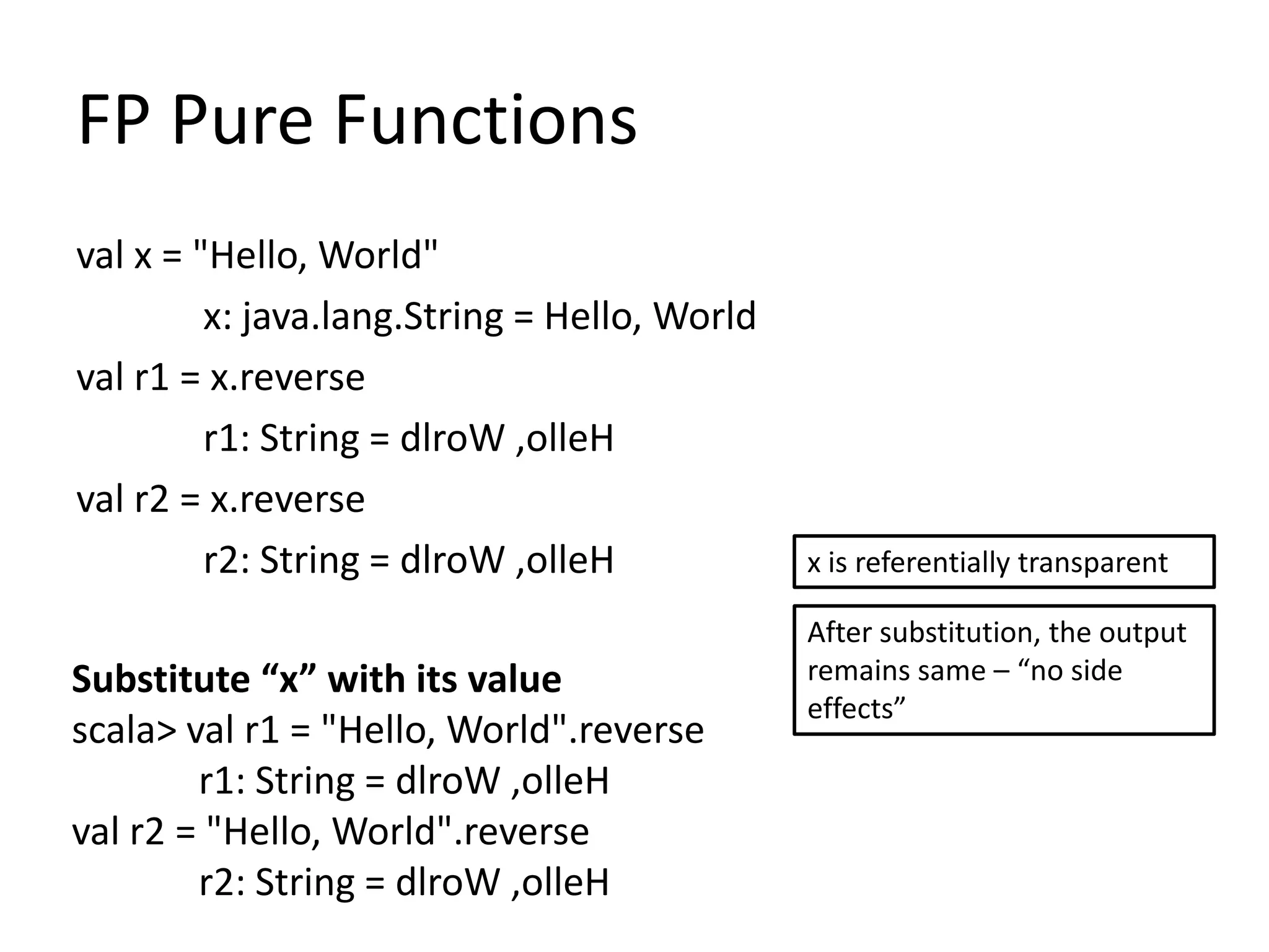 FP Pure Functions
val x = "Hello, World"
         x: java.lang.String = Hello, World
val r1 = x.reverse
         r1: String = dlroW ,olleH
val r2 = x.reverse
         r2: String = dlroW ,olleH            x is referentially transparent

                                              After substitution, the output
Substitute “x” with its value                 remains same – “no side
                                              effects”
scala> val r1 = "Hello, World".reverse
        r1: String = dlroW ,olleH
val r2 = "Hello, World".reverse
        r2: String = dlroW ,olleH
 