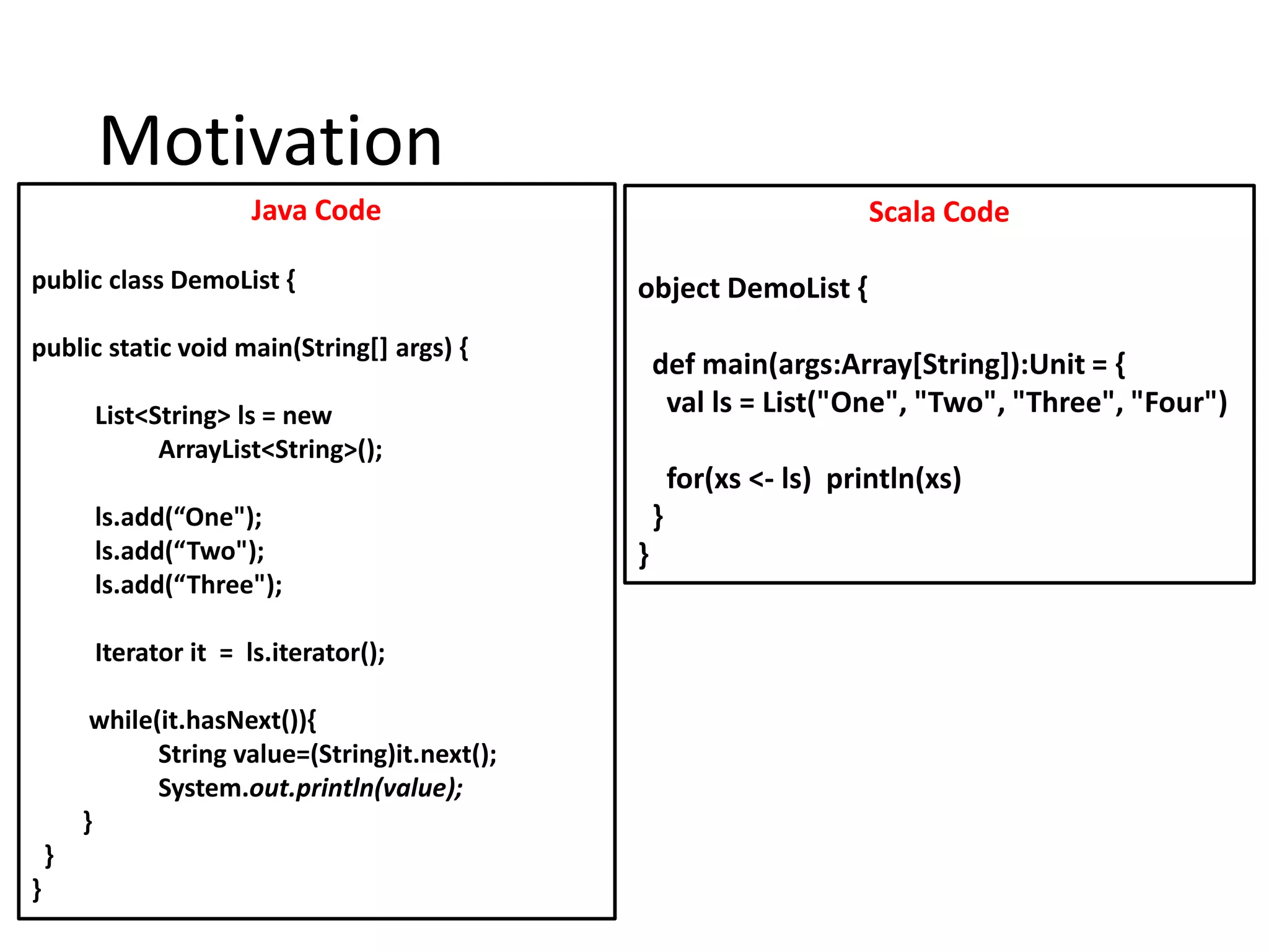 Motivation
                        Java Code                                         Scala Code

public class DemoList {                          object DemoList {
public static void main(String[] args) {
                                                     def main(args:Array[String]):Unit = {
         List<String> ls = new                        val ls = List("One", "Two", "Three", "Four")
               ArrayList<String>();
                                                         for(xs <- ls) println(xs)
         ls.add(“One");                              }
         ls.add(“Two");                          }
         ls.add(“Three");

         Iterator it = ls.iterator();

         while(it.hasNext()){
               String value=(String)it.next();
               System.out.println(value);
        }
    }
}
 