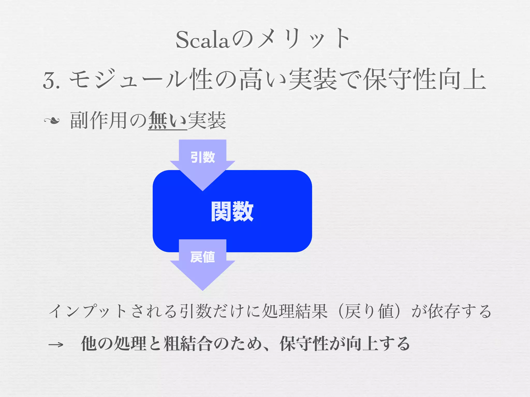 Scalaのメリット
3. モジュール性の高い実装で保守性向上
n

副作用の無い実装
引数

関数
戻値

インプットされる引数だけに処理結果（戻り値）が依存する
→ 他の処理と粗結合のため、保守性が向上する

 