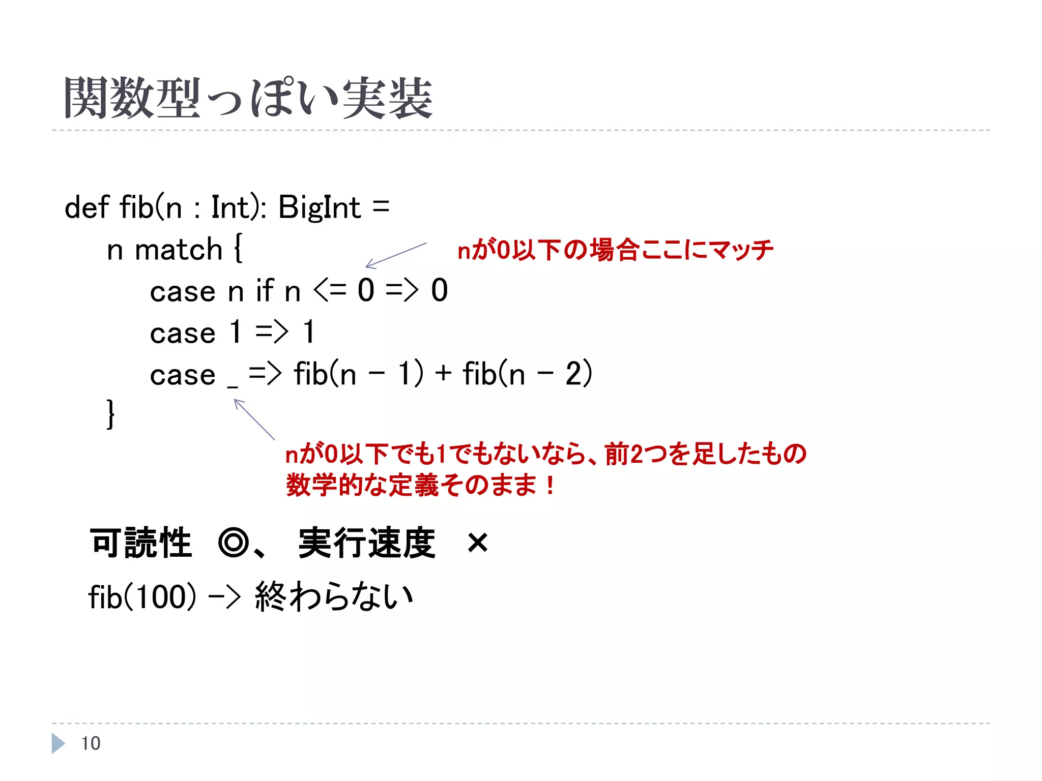 関数型っぽい実装
10
def fib(n : Int): BigInt =
n match {
case n if n <= 0 => 0
case 1 => 1
case _ => fib(n - 1) + fib(n - 2)
}
fib(100) -> 終わらない
可読性 ◎、 実行速度 ×
nが0以下の場合ここにマッチ
nが0以下でも1でもないなら、前2つを足したもの
数学的な定義そのまま！
 