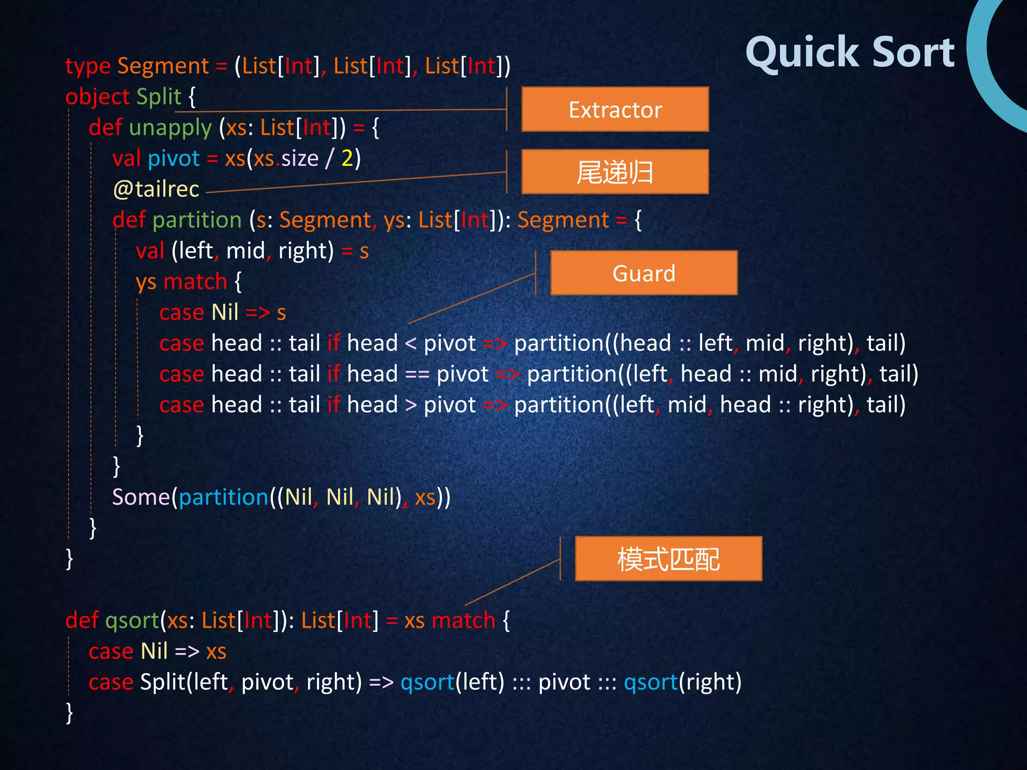 type Segment = (List[Int], List[Int], List[Int]) 
object Split { 
def unapply (xs: List[Int]) = { 
Extractor 
val pivot = xs(xs.size / 2) 
@tailrec 
def partition (s: Segment, ys: List[Int]): Segment = { 
val (left, mid, right) = s 
ys match { 
Guard 
case Nil => s 
case head :: tail if head < pivot => partition((head :: left, mid, right), tail) 
case head :: tail if head == pivot => partition((left, head :: mid, right), tail) 
case head :: tail if head > pivot => partition((left, mid, head :: right), tail) 
} 
} 
Some(partition((Nil, Nil, Nil), xs)) 
} 
} 
def qsort(xs: List[Int]): List[Int] = xs match { 
case Nil => xs 
case Split(left, pivot, right) => qsort(left) ::: pivot ::: qsort(right) 
} 
Quick Sort 
尾递归 
模式匹配 
 