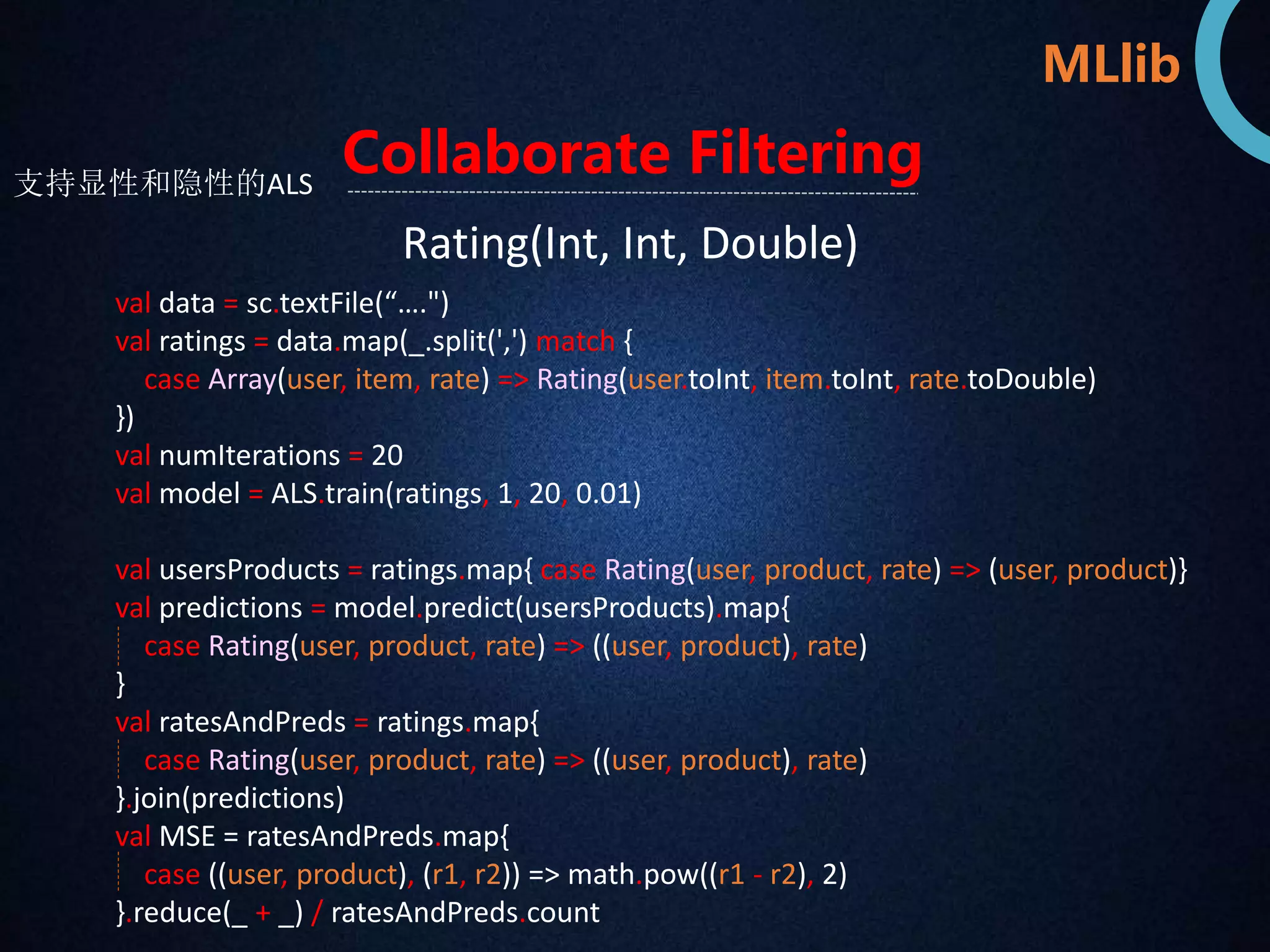 MLlib 
支持显性和隐性的ALS 
Collaborate Filtering 
Rating(Int, Int, Double) 
val data = sc.textFile(“….") 
val ratings = data.map(_.split(',') match { 
case Array(user, item, rate) => Rating(user.toInt, item.toInt, rate.toDouble) 
}) 
val numIterations = 20 
val model = ALS.train(ratings, 1, 20, 0.01) 
val usersProducts = ratings.map{ case Rating(user, product, rate) => (user, product)} 
val predictions = model.predict(usersProducts).map{ 
case Rating(user, product, rate) => ((user, product), rate) 
} 
val ratesAndPreds = ratings.map{ 
case Rating(user, product, rate) => ((user, product), rate) 
}.join(predictions) 
val MSE = ratesAndPreds.map{ 
case ((user, product), (r1, r2)) => math.pow((r1 - r2), 2) 
}.reduce(_ + _) / ratesAndPreds.count 
 