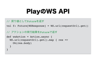 PlayのWS API
// 戻り値としてFutureを返す!
val f: Future[WSResponse] = WS.url(requestUrl).get()!
!
// アクションの実行結果をFutureで返す!
def wsAction = Action.async {!
WS.url(requestUrl).get().map { res =>!
Ok(res.body)!
}!
}
 