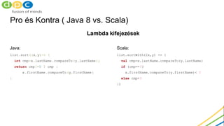 Pro és Kontra ( Java 8 vs. Scala)
Scala:
list.sortWith((x,y) => {
val cmp=x.lastName.compareTo(y.lastName)
if (cmp==0)
x.f...