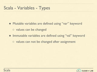 Scala
Scala - Variables - Types
● Mutable variables are defined using “var” keyword
○ values can be changed
● Immutable variables are defined using “val” keyword
○ values can not be changed after assignment
 