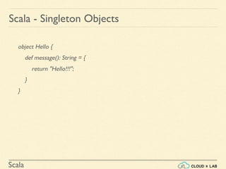 Scala
object Hello {
def message(): String = {
return "Hello!!!";
}
}
Scala - Singleton Objects
 