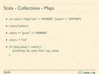 Scala
Scala - Collections - Maps
● var colors = Map("red" -> "#FF0000", "yellow" -> "#FFFF00")
● colors("yellow")
● colors += "green" -> "#008000"
● colors -= "red"
● for ((key,value) <- colors) {
printf("key: %s, value: %sn", key, value)
}
 