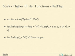 Scala
● var list = List("Python", "Go")
● list.flatMap(lang => lang + "#") // List(P, y, t, h, o, n, #, G, o,
#)
● list.flatMap(_+ "#") // Same output
Scala - Higher Order Functions - flatMap
 