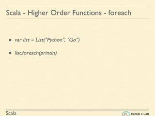 Scala
● var list = List("Python", "Go")
● list.foreach(println)
Scala - Higher Order Functions - foreach
 