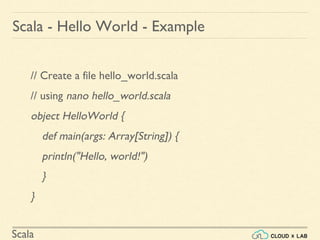 Scala
Scala - Hello World - Example
// Create a file hello_world.scala
// using nano hello_world.scala
object HelloWorld {
def main(args: Array[String]) {
println("Hello, world!")
}
}
 
