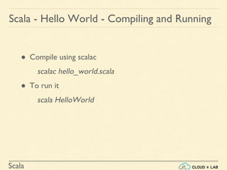 Scala
Scala - Hello World - Compiling and Running
● Compile using scalac
scalac hello_world.scala
● To run it
scala HelloWorld
 