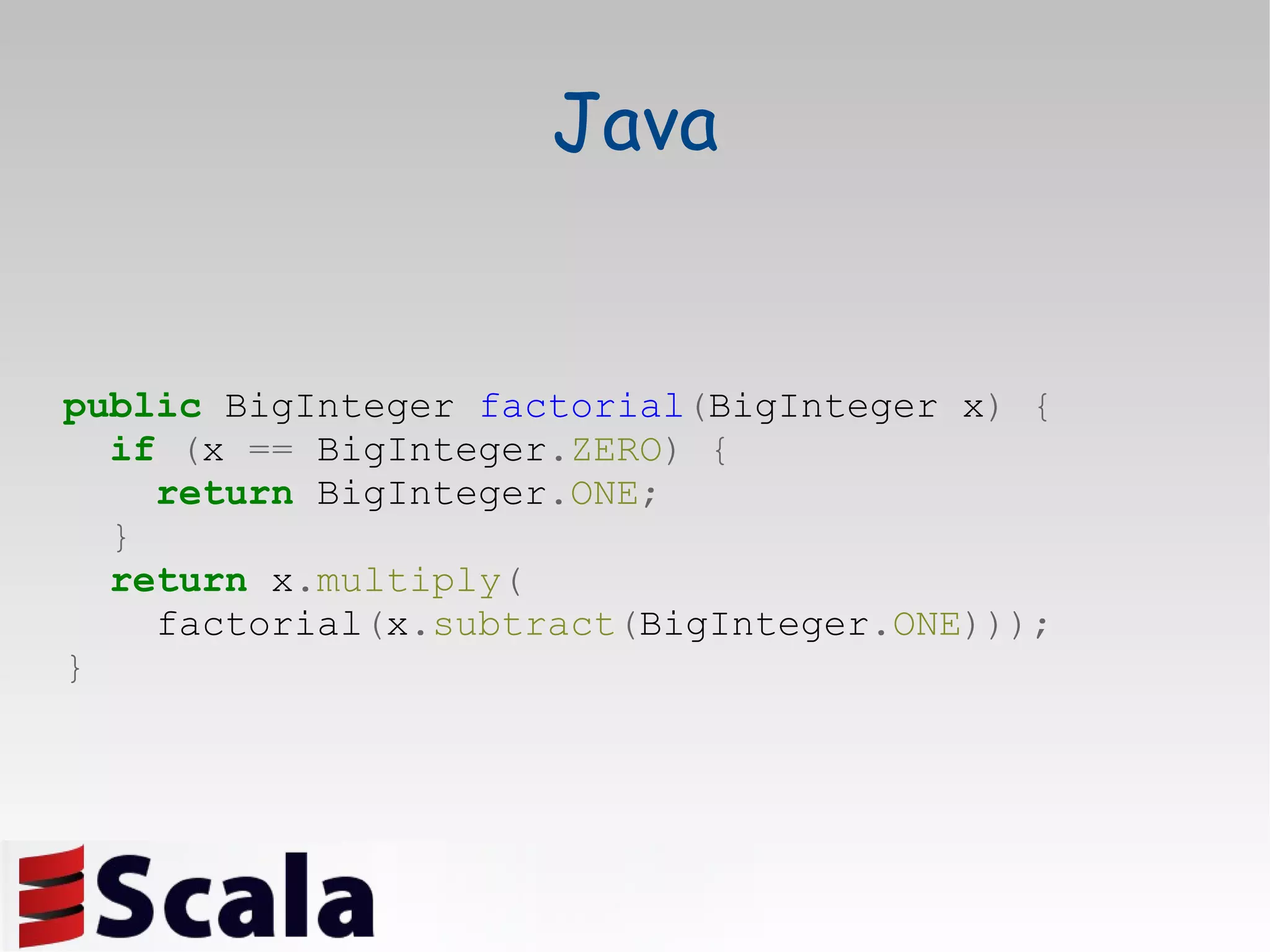 Java public  BigInteger  factorial ( BigInteger x )   { if   ( x  ==  BigInteger . ZERO )   { return  BigInteger . ONE ; } return  x . multiply ( factorial ( x . subtract ( BigInteger . ONE ))); } 