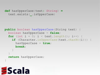 public   boolean   hasUpperCase ( String text )   { boolean  hasUpperCase  =   false ; for   ( int  i  =   0;  i  <  text . length ();  i ++) { if   ( Character . isUpperCase ( text . charAt ( i )))   { hasUpperCase  =   true ; break ; } } return  hasUpperCase ; } def  hasUpperCase ( text :   String )  = text . exists ( _ . isUpperCase ) 