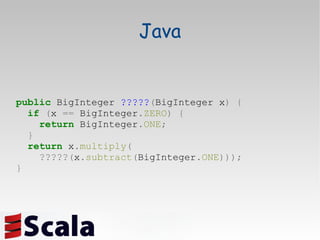 Java public  BigInteger  ????? ( BigInteger x )   { if   ( x  ==  BigInteger . ZERO )   { return  BigInteger . ONE ; } return  x . multiply ( ?????( x . subtract ( BigInteger . ONE ))); } 