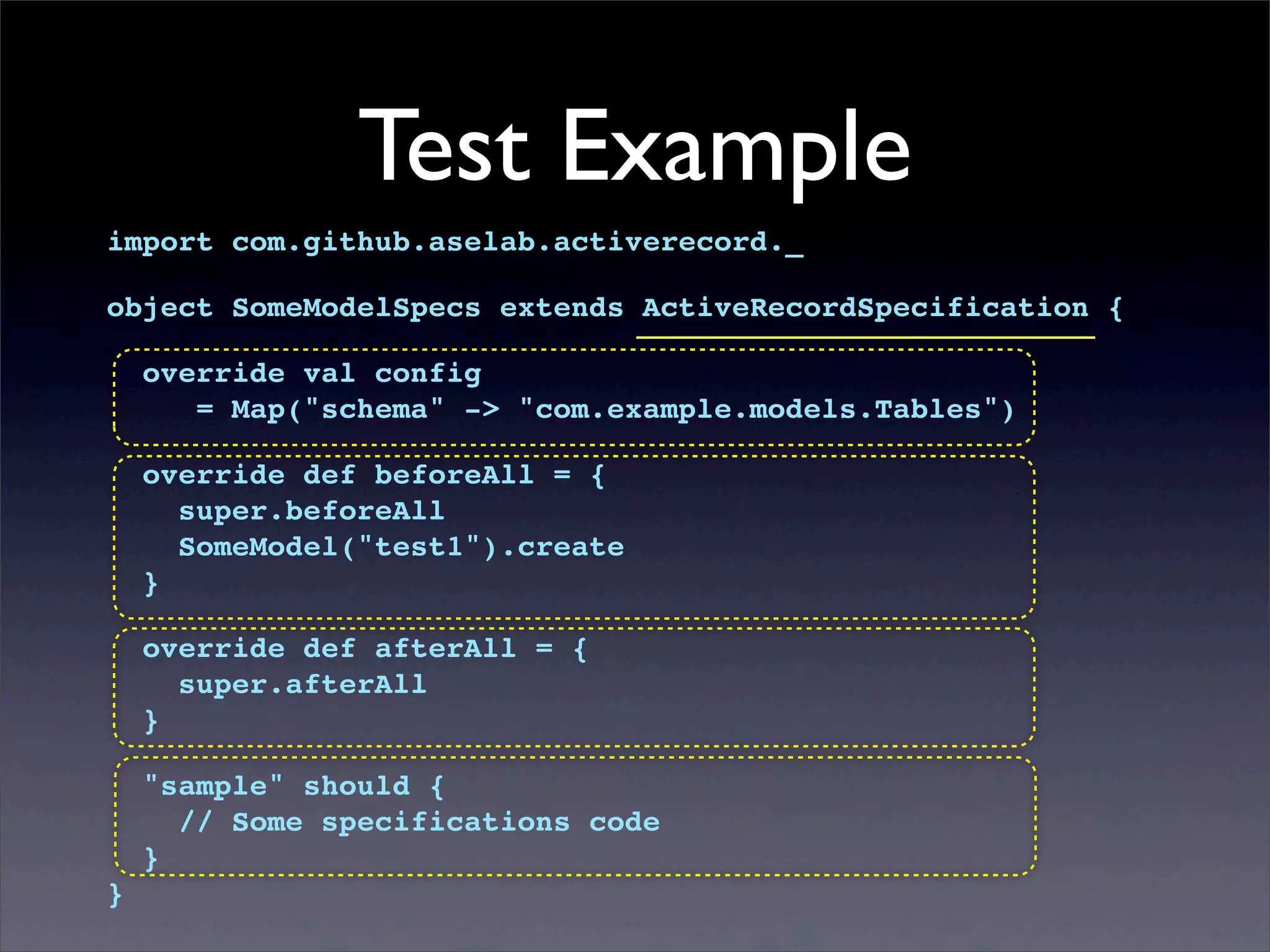 Test Example
import com.github.aselab.activerecord._
object SomeModelSpecs extends ActiveRecordSpecification {
override val config
= Map("schema" -> "com.example.models.Tables")
override def beforeAll = {
super.beforeAll
SomeModel("test1").create
}
override def afterAll = {
super.afterAll
}
"sample" should {
// Some specifications code
}
}
 
