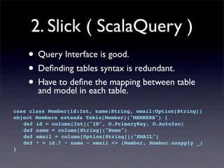 2. Slick ( ScalaQuery )
• Query Interface is good.
• Deﬁnding tables syntax is redundant.
• Have to deﬁne the mapping between table
and model in each table.
case class Member(id:Int, name:String, email:Option[String])
object Members extends Table[Member]("MEMBERS") {
! def id = column[Int]("ID", O.PrimaryKey, O.AutoInc)
! def name = column[String]("Name")
! def email = column[Option[String]]("EMAIL")
! def * = id.? ~ name ~ email <> (Member, Member.unapply _)
}
 