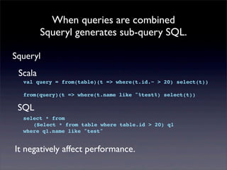 When queries are combined
Squeryl generates sub-query SQL.
Squeryl
val query = from(table)(t => where(t.id.~ > 20) select(t))
from(query)(t => where(t.name like "%test%) select(t))
Scala
select * from
! (Select * from table where table.id > 20) q1
where q1.name like "test"
SQL
It negatively affect performance.
 