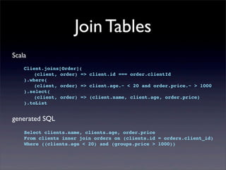Join Tables
Scala
Client.joins[Order](
! (client, order) => client.id === order.clientId
).where(
! (client, order) => client.age.~ < 20 and order.price.~ > 1000
).select(
! (client, order) => (client.name, client.age, order.price)
).toList
generated SQL
Select clients.name, clients.age, order.price
From clients inner join orders on (clients.id = orders.client_id)
Where ((clients.age < 20) and (groups.price > 1000))
 