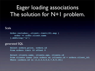 Eager loading associations
The solution for N+1 problem.
Scala
Order.includes(_.client).limit(10).map {
! order => order.client.name
}.mkString("n")
generated SQL
Select orders.price, orders.id
From orders limit 10 offset 0
Select clients.name, clients.age, clients.id
From clients inner join orders on (clients.id = orders.client_id)
Where (orders.id in (1,2,3,4,5,6,7,8,9,10))
 