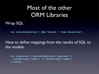 Most of the other
ORM Libraries
Wrap SQL
val selectCountries = SQL(“Select * from Countries”)
Have to deﬁne mappings from the results of SQL to
the models.
val countries = selectCountries().map(row =>
row[String](“code”) -> row[String](“name”)
).toList
 