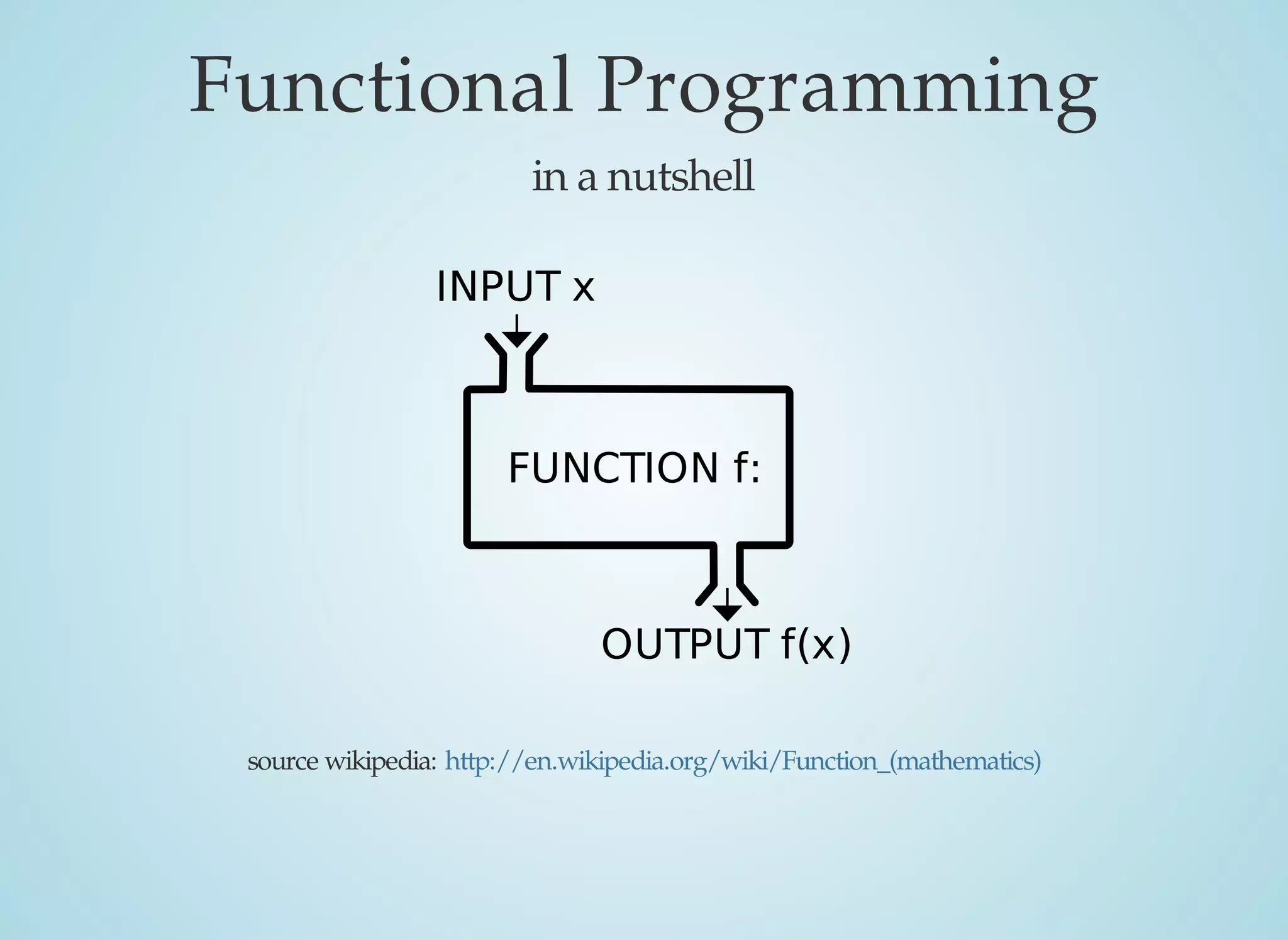 Functional	Programming
in	a	nutshell
INPUT	x
FUNCTION	f:
OUTPUT	f(x)
source	wikipedia:	http://en.wikipedia.org/wiki/Function_(mathematics)
 