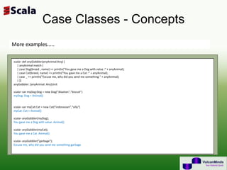 Case Classes - Concepts
More examples.....

scala> def anyGobbler(anyAnimal:Any) {
   | anyAnimal match {
   | case Dog(breed , name) => println("You gave me a Dog with value :" + anyAnimal);
   | case Cat(breed, name) => println("You gave me a Cat :" + anyAnimal);
   | case _ => println("Excuse me, why did you send me something " + anyAnimal);
   | }}
anyGobbler: (anyAnimal: Any)Unit

scala> var myDog:Dog = new Dog(“Alsatian",“biscuit")
myDog: Dog = Animal()


scala> var myCat:Cat = new Cat("indonesian","silly")
myCat: Cat = Animal()

scala> anyGobbler(myDog);
You gave me a Dog with value :Animal()

scala> anyGobbler(myCat);
You gave me a Cat :Animal()

scala> anyGobbler("garbage");
Excuse me, why did you send me something garbage
 