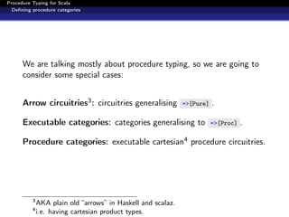 Procedure Typing for Scala
  Deﬁning procedure categories




      We are talking mostly about procedure typing, so we are going to
      consider some special cases:


      Arrow circuitries3 : circuitries generalising           =>[Pure]   .

      Executable categories: categories generalising to                  =>[Proc]   .

      Procedure categories: executable cartesian4 procedure circuitries.




          3
              AKA plain old “arrows” in Haskell and scalaz.
          4
              i.e. having cartesian product types.
 