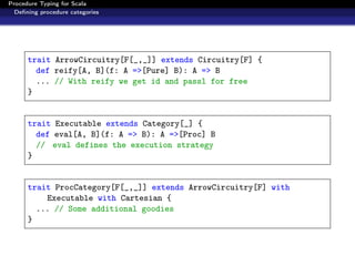 Procedure Typing for Scala
  Deﬁning procedure categories




      trait ArrowCircuitry[F[_,_]] extends Circuitry[F] {
        def reify[A, B](f: A =>[Pure] B): A => B
        ... // With reify we get id and passl for free
      }


      trait Executable extends Category[_] {
        def eval[A, B](f: A => B): A =>[Proc] B
        // eval defines the execution strategy
      }


      trait ProcCategory[F[_,_]] extends ArrowCircuitry[F] with
          Executable with Cartesian {
        ... // Some additional goodies
      }
 