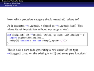 Procedure Typing for Scala
  Syntax for Circuitires
    Purifying Scala




      Now, which procedure category should example() belong to?

      As it evaluates =>[Logged], it should be =>[Logged] itself. This
      allows its reinterpretation without any usage of eval:
      def example(f: Int =>[Logged] String, n: Int): List[String] = {
        import LoggedCircuitryImpl._
        reify{n} andThen f andThen reify{_.split(", ")}
      }

      This is now a pure code generating a new circuit of the type
      =>[Logged] based on the existing one (f) and some pure functions.
 
