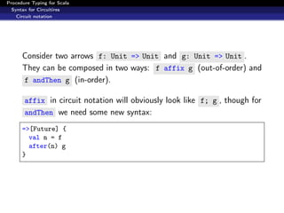 Procedure Typing for Scala
  Syntax for Circuitires
    Circuit notation




      Consider two arrows f: Unit => Unit and g: Unit => Unit .
      They can be composed in two ways: f affix g (out-of-order) and
      f andThen g (in-order).

       affix in circuit notation will obviously look like f; g , though for
       andThen we need some new syntax:

      =>[Future] {
        val n = f
        after(n) g
      }
 