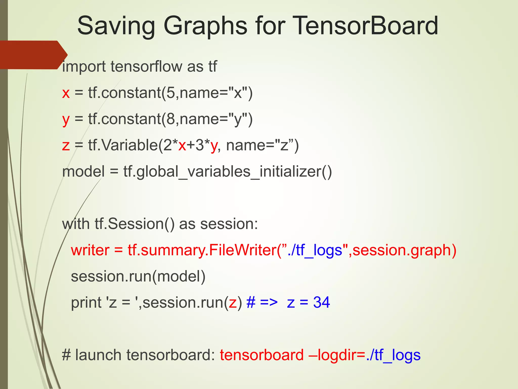 Saving Graphs for TensorBoard
import tensorflow as tf
x = tf.constant(5,name="x")
y = tf.constant(8,name="y")
z = tf.Variable(2*x+3*y, name="z”)
model = tf.global_variables_initializer()
with tf.Session() as session:
writer = tf.summary.FileWriter(”./tf_logs",session.graph)
session.run(model)
print 'z = ',session.run(z) # => z = 34
# launch tensorboard: tensorboard –logdir=./tf_logs
 