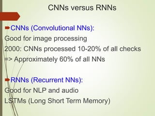 CNNs versus RNNs
CNNs (Convolutional NNs):
Good for image processing
2000: CNNs processed 10-20% of all checks
=> Approximately 60% of all NNs
RNNs (Recurrent NNs):
Good for NLP and audio
LSTMs (Long Short Term Memory)
 