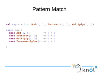 Pattern Match
val exprs = List(Add(2, 3), Subtract(5, 3), Multiply(2, 3))
exprs map {
case Add(a, b) => a + b
case Subtract(a, b) => a + b
case Multiply(a, b) => a + b
case IncrementByOne(a) => a + 1
}
 