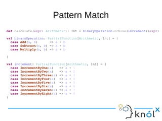 Pattern Match
def calculate(expr: Arithmetic): Int = binaryOperation.orElse(increment)(expr)
val binaryOperation: PartialFunction[Arithmetic, Int] = {
case Add(a, b) => a + b
case Subtract(a, b) => a + b
case Multiply(a, b) => a + b
}
val increment: PartialFunction[Arithmetic, Int] = {
case IncrementByOne(a) => a + 1
case IncrementByTwo(a) => a + 2
case IncrementByThree(a) => a + 3
case IncrementByFour(a) => a + 4
case IncrementByFive(a) => a + 5
case IncrementBySix(a) => a + 6
case IncrementBySeven(a) => a + 7
case IncrementByEight(a) => a + 8
}
 