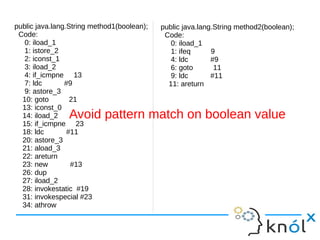 public java.lang.String method1(boolean);
Code:
0: iload_1
1: istore_2
2: iconst_1
3: iload_2
4: if_icmpne 13
7: ldc #9
9: astore_3
10: goto 21
13: iconst_0
14: iload_2
15: if_icmpne 23
18: ldc #11
20: astore_3
21: aload_3
22: areturn
23: new #13
26: dup
27: iload_2
28: invokestatic #19
31: invokespecial #23
34: athrow
public java.lang.String method2(boolean);
Code:
0: iload_1
1: ifeq 9
4: ldc #9
6: goto 11
9: ldc #11
11: areturn
Avoid pattern match on boolean value
 