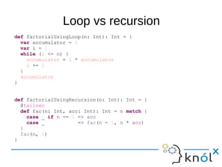 Loop vs recursion
def factorialUsingLoop(n: Int): Int = {
var accumulator = 1
var i = 1
while (i <= n) {
accumulator = i * accumulator
i += 1
}
accumulator
}
def factorialUsingRecursion(n: Int): Int = {
@tailrec
def fac(n: Int, acc: Int): Int = n match {
case _ if n == 1 => acc
case _ => fac(n - 1, n * acc)
}
fac(n, 1)
}
 