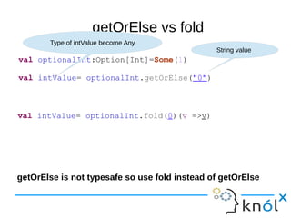 getOrElse vs fold
val optionalInt:Option[Int]=Some(1)
val intValue= optionalInt.getOrElse("0")
String value
Type of intValue become Any
val intValue= optionalInt.fold(0)(v =>v)
getOrElse is not typesafe so use fold instead of getOrElse
 
